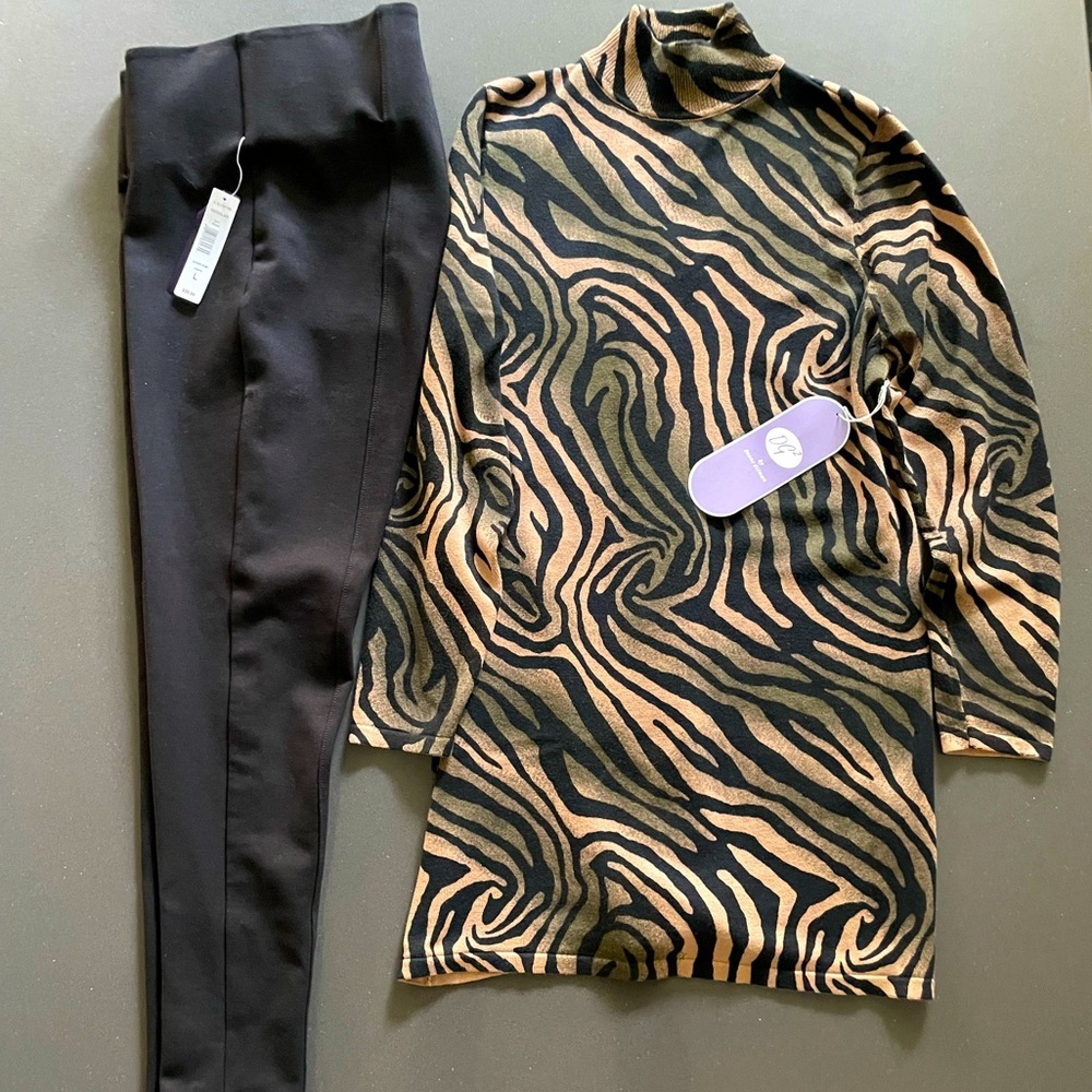 🎁 NWT 2 for 1 Diane Gilman Zebra Top and Nygard Slims Black Leggings as a Set